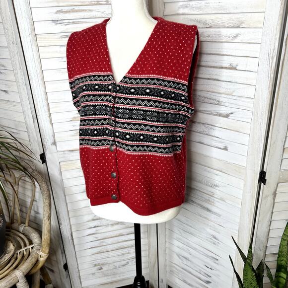 EDDIE BAUER VINTAGE Women's Nordic Fair Isle Sweater Vest Lambswool Red Gray Med - Picture 5 of 14